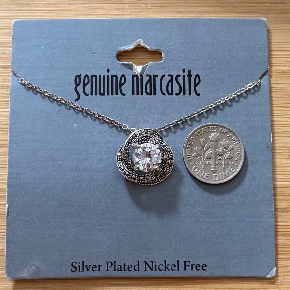 NWT Silver Plated Genuine Marcasite and Crystal 18” Necklace